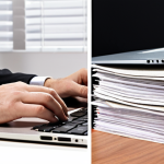 **Image Prompt:** A split-screen showcasing two contrasting scenes. On one side, a person is diligently working with QuickBooks on a laptop, representing modern computerized accounting. The other side depicts a stack of dusty, paper ledgers, symbolizing outdated accounting methods. The overall tone should emphasize the efficiency and future-oriented nature of computerized accounting.