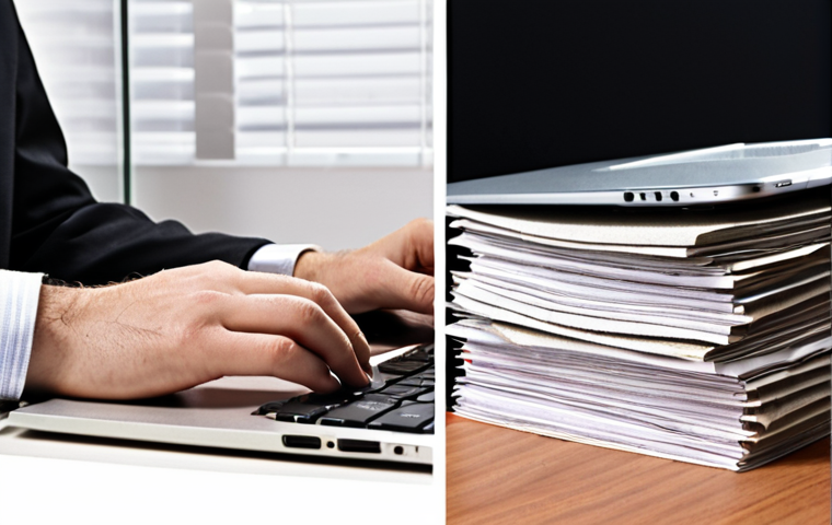**Image Prompt:** A split-screen showcasing two contrasting scenes. On one side, a person is diligently working with QuickBooks on a laptop, representing modern computerized accounting. The other side depicts a stack of dusty, paper ledgers, symbolizing outdated accounting methods. The overall tone should emphasize the efficiency and future-oriented nature of computerized accounting.