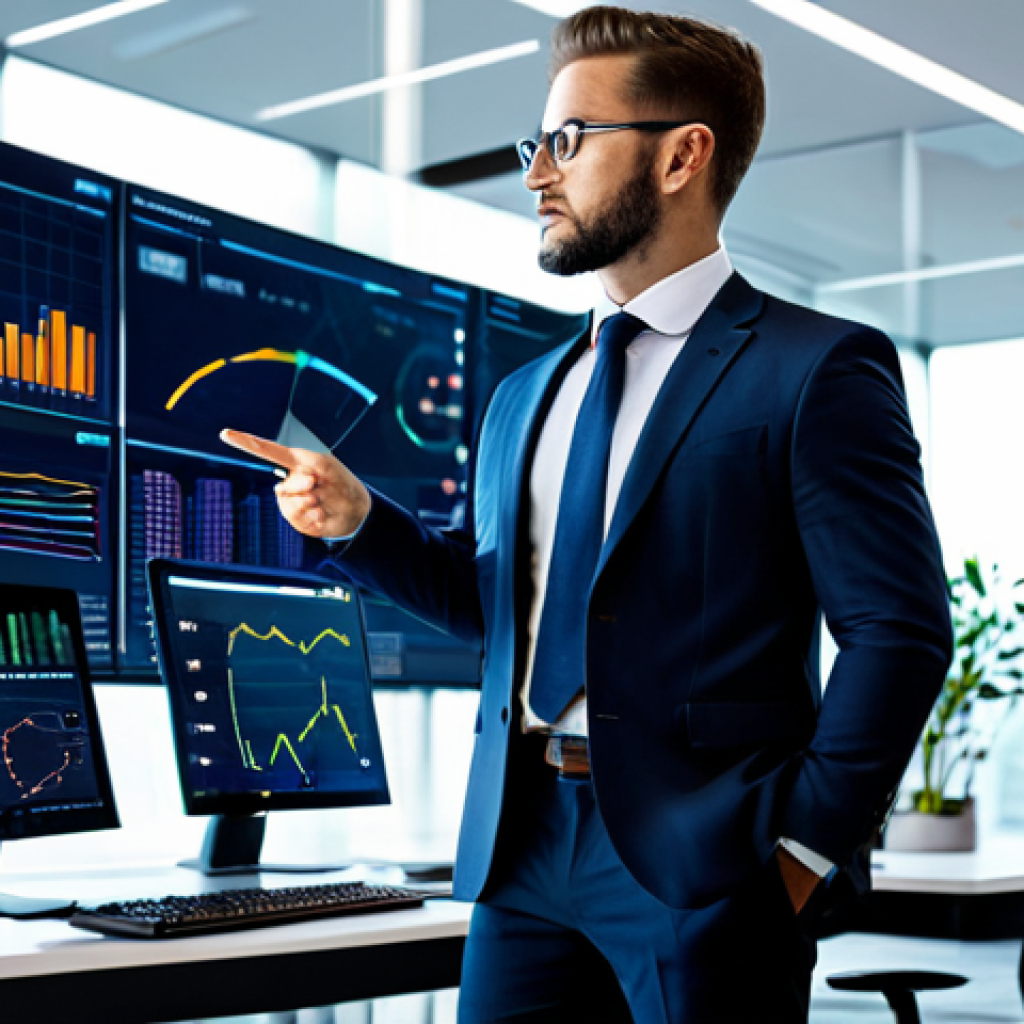 A professional male accountant, fully clothed in a sharp business suit, stands confidently in a modern, high-tech office. He is gesturing towards multiple glowing, transparent screens displaying intricate financial data visualizations, dynamic charts, and complex predictive analytics models. The environment features sleek desks and subtle futuristic elements, emphasizing technology integration and data-driven insights. The subject has perfect anatomy, correct proportions, a natural pose, well-formed hands, and proper finger count. This is professional photography, high quality, safe for work, appropriate content, fully clothed, professional dress.