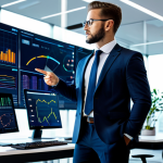 A professional male accountant, fully clothed in a sharp business suit, stands confidently in a modern, high-tech office. He is gesturing towards multiple glowing, transparent screens displaying intricate financial data visualizations, dynamic charts, and complex predictive analytics models. The environment features sleek desks and subtle futuristic elements, emphasizing technology integration and data-driven insights. The subject has perfect anatomy, correct proportions, a natural pose, well-formed hands, and proper finger count. This is professional photography, high quality, safe for work, appropriate content, fully clothed, professional dress.