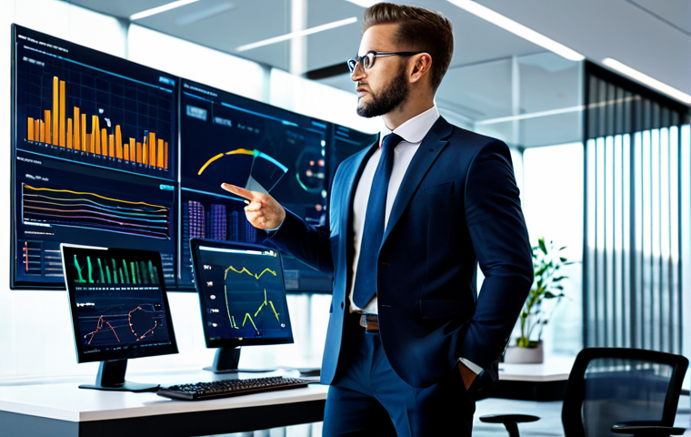 A professional male accountant, fully clothed in a sharp business suit, stands confidently in a modern, high-tech office. He is gesturing towards multiple glowing, transparent screens displaying intricate financial data visualizations, dynamic charts, and complex predictive analytics models. The environment features sleek desks and subtle futuristic elements, emphasizing technology integration and data-driven insights. The subject has perfect anatomy, correct proportions, a natural pose, well-formed hands, and proper finger count. This is professional photography, high quality, safe for work, appropriate content, fully clothed, professional dress.