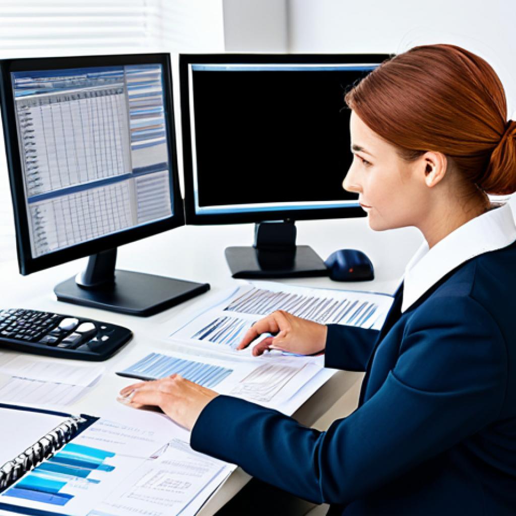 전산세무회계 전문가가 되는 법 - **Image:** A focused bookkeeper at a clean desk, surrounded by organized files and a computer displa...