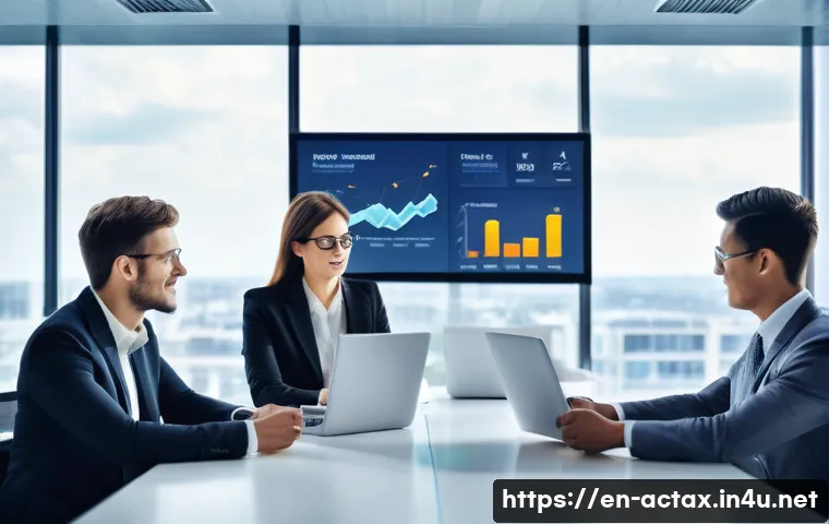 전산세무회계 시험 합격 전략 - **Prompt:** A diverse group of four accounting professionals (two men, two women) in a modern, open-...