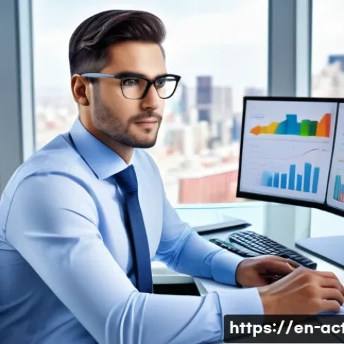 전산세무회계 필수 학습 과목 - A modern office scene showing a professional accountant seated at a sleek desk with dual monitors di...