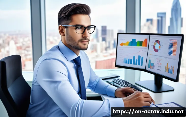 전산세무회계 필수 학습 과목 - A modern office scene showing a professional accountant seated at a sleek desk with dual monitors di...