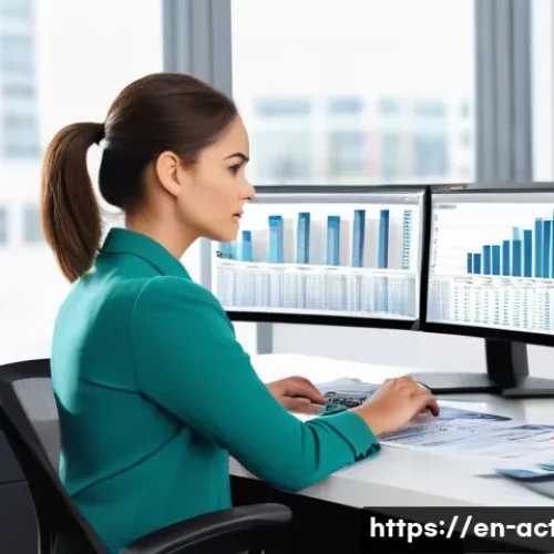 전산세무회계 업무와 관련된 실수 피하기 - A modern office scene showing a professional accountant at a sleek desk working on dual monitors dis...