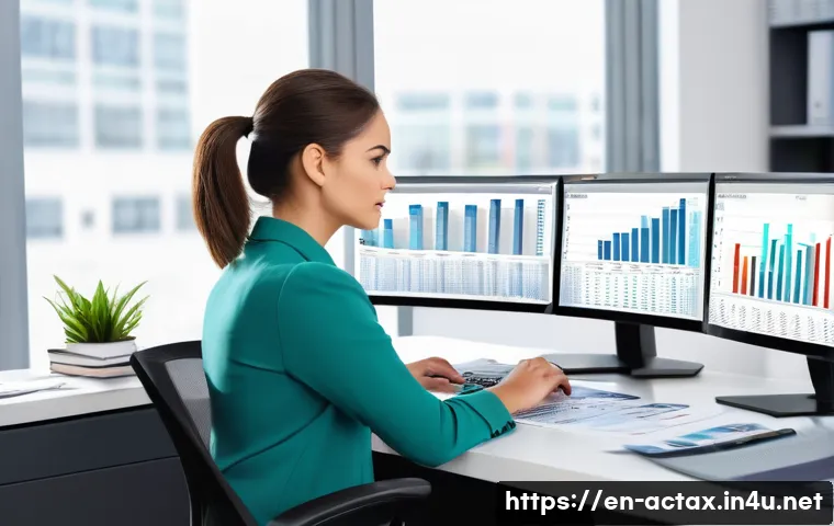 전산세무회계 업무와 관련된 실수 피하기 - A modern office scene showing a professional accountant at a sleek desk working on dual monitors dis...