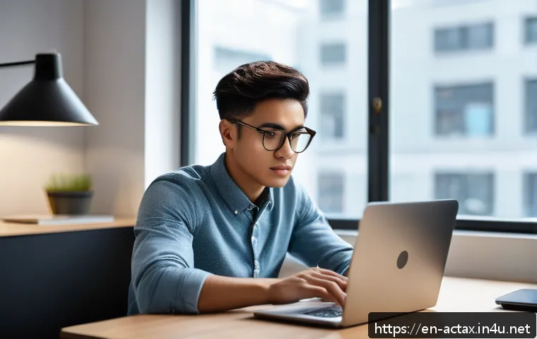 전산세무회계 자격증 시험일에 발생한 에피소드 - A focused young adult sitting at a clean, modern desk in a quiet home office, wearing casual smart c...