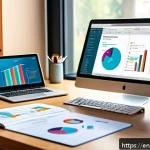 전산세무회계 교재 선택 팁 - A modern study desk setup featuring an open accounting textbook with colorful charts and graphs, a l...