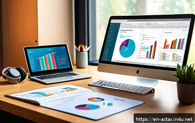 전산세무회계 교재 선택 팁 - A modern study desk setup featuring an open accounting textbook with colorful charts and graphs, a l...